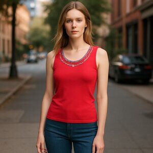 Ruby Rd. Petite Women's Sleeveless Bead Embellished Red Top Sz PXL